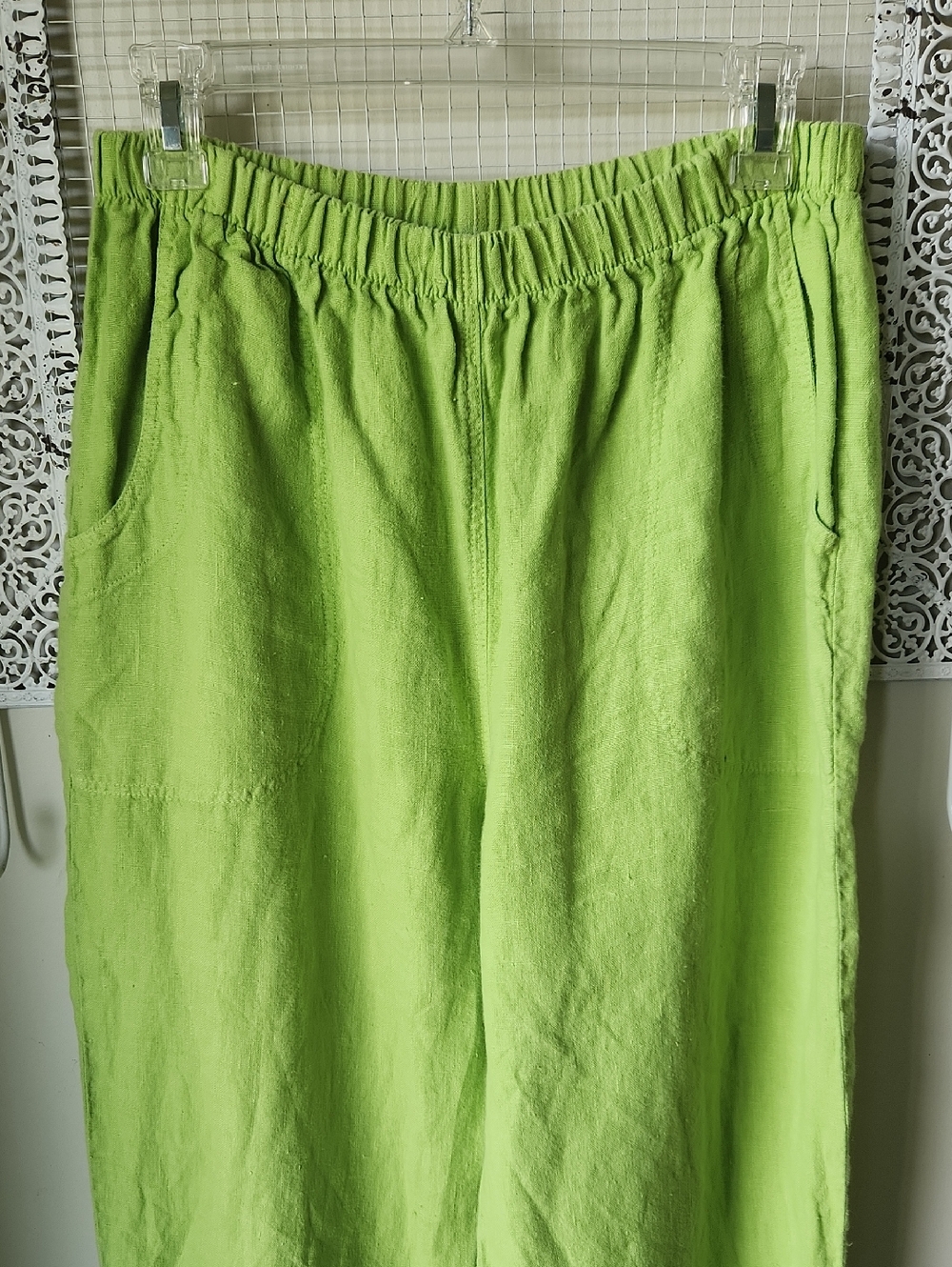 mosaic usa linen pants medium lime green pockets pull on stretchy elastic waist - Picture 2 of 11